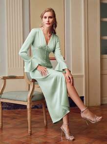 ZEYLAH SOLID V-NECK FLARE SLEEVE SPLIT HEM BUSTIER LONG DRESS