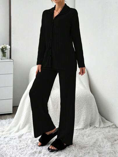 RueChic Women Solid Ribbed Cardigan Top Loose Bell Bottom Pajama Pants Set view 4