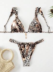2 件套女士豹纹斑马纹性感比基尼泳装，适合海滩度假，2025 年夏季