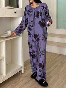 DAZY Floral Print Loose Tie Neck Pajama Set - Purple - View 6