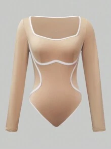 Glamine Elastic & Fleece Thermal Colorblock Piped Bodysuit - Khaki - View 5