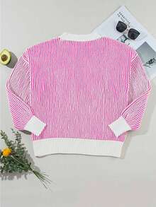 Acelitt 时尚条纹撞色长袖圆领宽松套头衫情人节毛衣 - 玫紅色 - 查看 6