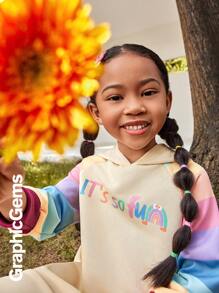 Young Girl Rainbow Striped Raglan Sleeve Hooded Ruffle Hem Sweatshirt Dress - Apricot - View 4