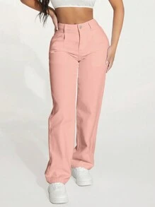 SHEIN PETITE Casual Solid Color Straight Leg Jeans With Oblique Pockets, For Autumn
