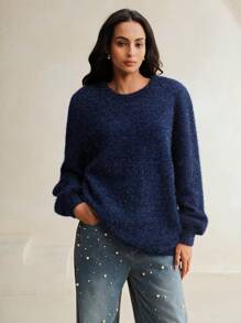 Anewsta 1pc Women's Fashionable Knitted Pullover Sweater, Autumn, Fall Winter - Royal Blue - View 5