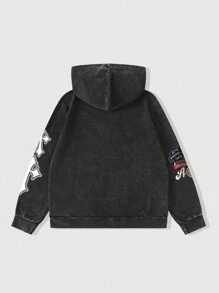 ROMWE MEN Street Life Men's Street Style Letter & Cross Print Zipper Front Hoodie Sweatshirt, Spring & Autumn - Black - View 2