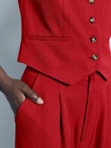 Maija 女士纯色单排扣背心和褶皱裤套装，休闲通勤商务套装，适合所有季节 - 紅色 - 查看 3
