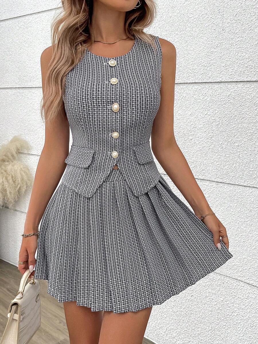 Chiquease 女式西装粗花呢面料珍珠纽扣背心