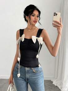 Chiquease 女士弹性针织蝴蝶结装饰褶腰背心、无袖汗衫