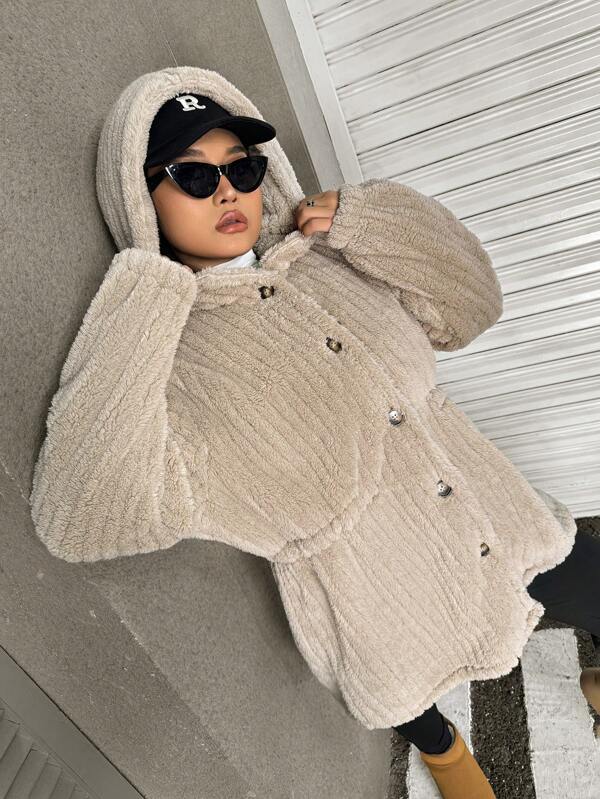 SHEIN EZwear Plus Size Casual Solid Color Fleece Hooded Jacket For Autumn/Winter