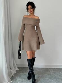 Rafferiza Elegant Fitted Off-Shoulder Cinched Waist Knit Warm A-Line Long Sleeve Solid Color Sweater Dress For Women, Autumn/Winter Fall Cloth For Women - Brown - View 4