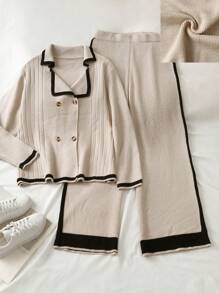 SHEIN LUNE 大码女式 2 件纯色针织撞色开衫和阔腿裤套装，厚实保暖休闲装，适合万圣节、圣诞节、情人节、感恩节、复活节、国庆节、除夕、冬季