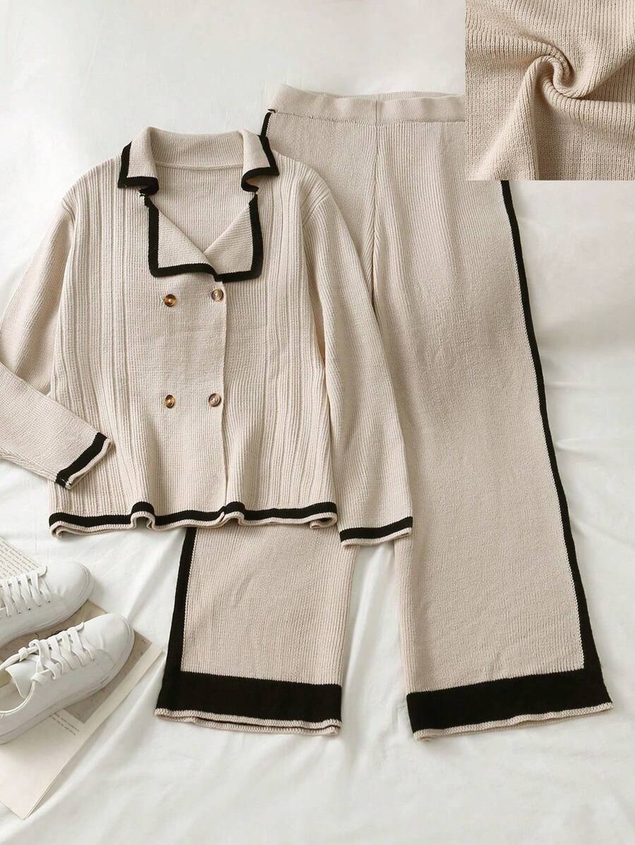 SHEIN LUNE 大码女式 2 件纯色针织撞色开衫和阔腿裤套装，厚实保暖休闲装，适合万圣节、圣诞节、情人节、感恩节、复活节、国庆节、除夕、冬季