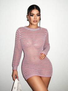 Zolique Vestido de suéter de manga larga y cuello redondo con estampado de rayas transparente y sexy para mujer