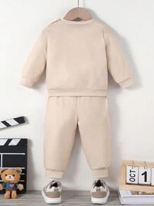 男婴小狗图案厚圆领连帽衫和裤子 2 件/套，休闲适合居家聚会和派对