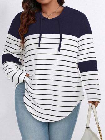 SHEIN CURVE+ 大码纯色块休闲连帽长袖 T 恤图案 T 恤女式上衣适合春季服装