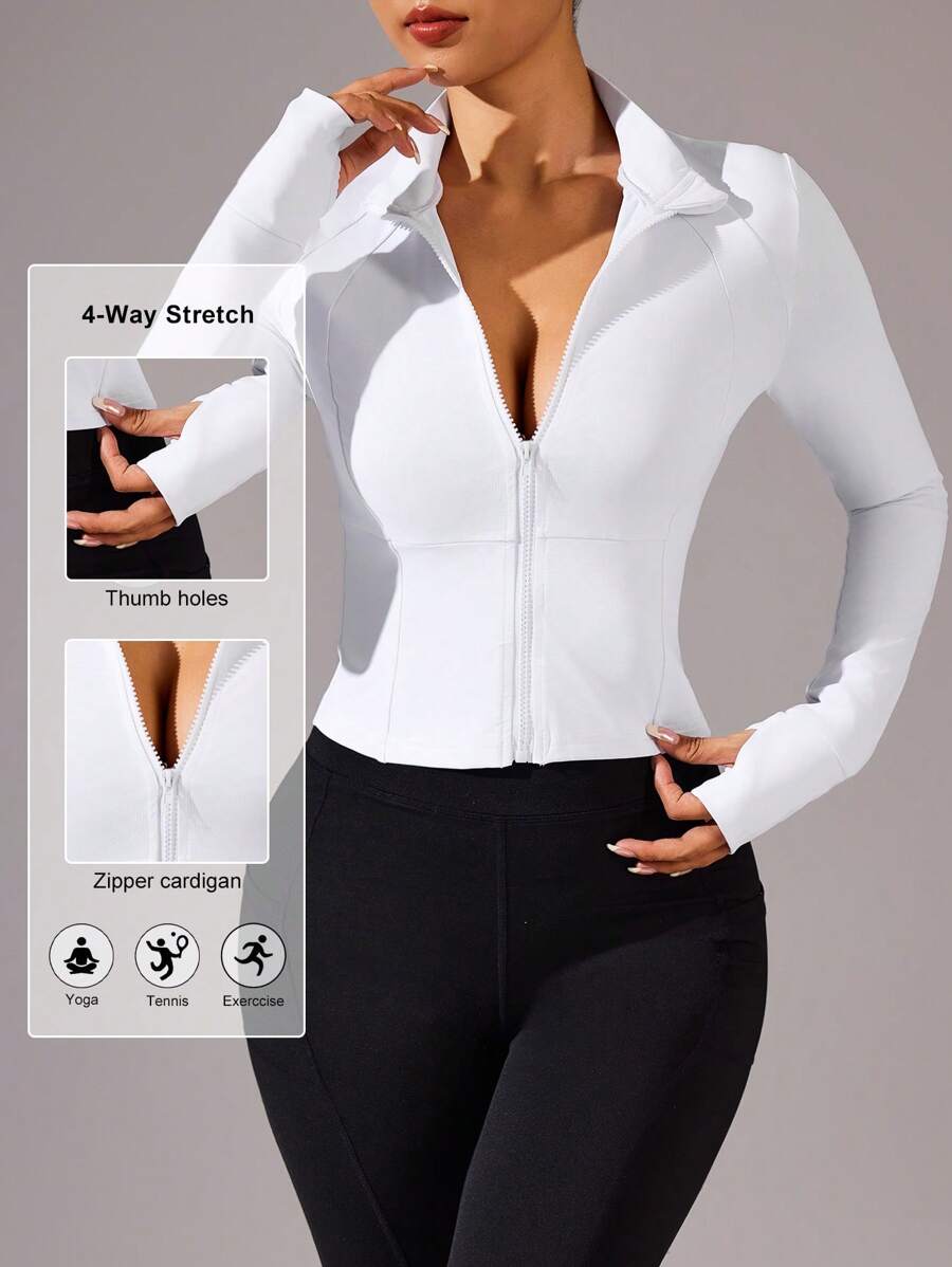 Easithlete Women's Solid Color Zip Front Long Sleeve Fitted Athletic Jacket - White - View 1