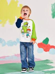 Nick 90s X SHEIN Sudadera informal de cuello redondo para niño con estampado de dinosaurio de dibujos animados y mangas raglán de color block