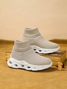 青少年春秋季一脚蹬运动鞋，轻便透气纯色，弹性鞋面易穿，镂空弹性鞋底，缓冲舒适，适合日常、旅行、校园穿着 - 卡其色 - 查看 6