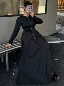 Flirla Plus Casual Style Long Sleeve Hooded Zipper Front Dress Maxi Women Outfit Fall Cloth For Women - Black - View 7