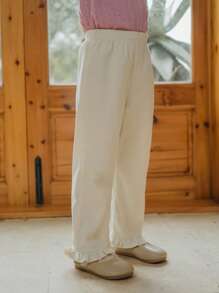 SHEIN Vintaside Kids Small Girls Corduroy Fabric Pants With Ruffle Trim, Casual Comfortable Versatile For Fall & Winter - White - View 3