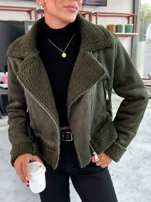 EURMUSE Motorcycle Jacket With Teddy Lining, Zipper, PU Leather - Black - View 4