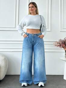 EURMUSE JEANS ANCHOS DE CINTURA MEDIA DE TALLA GRANDE - Azul lavado medio - Ver 3