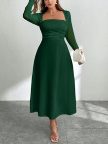 SHEIN Privé Vestido largo de corte evasé sin mangas talla grande para mujer, vestido verde de cuello alto, ajustado con ribete de volantes y abertura lateral, para otoño y vuelta al colegio
