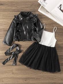 SHEIN Young Girl Solid Color Zipper Ruffle Trim Long Sleeve Jacket And Contrast Color Camisole Dress 2pcs/Set