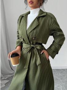 Calvaya Abrigo trench de mujeres de estilo casual, holgado y vintage con diseño de doble botonadura, estampado de rayas y manga larga (con forro)