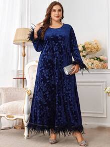Al Najma Große Größen Rüschenmanschette mit Federn besetztes, locker sitzendes, elegantes Strick-Arabisches Kleid, bescheidenes, langärmeliges, elegantes Arabisches Tunika-Kleid für Abendpartys/Hochzeitsgäste/Jahrestag - marineblau - Übersicht 6