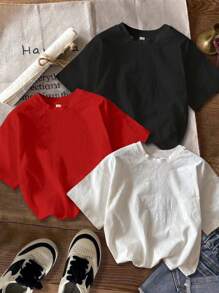 SHEIN EZwear 3pcs/Set Casual Simple Star & English Letter Print Crop Top Tee, Suitable For Summer