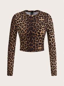 SHEIN Essnce 4pcs Fashionable Leopard Print Casual Round Neck Long Sleeve Slim Fit Women's Basic T-Shirt Women's Round Neck Long Sleeve Fitted All-Match T-Shirt Cropped Tight Fit T-Shirts, Spring & Autumn