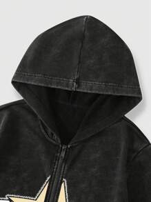 ROMWE MEN Street Life Men's Street Style Letter & Cross Print Zipper Front Hoodie Sweatshirt, Spring & Autumn - Black - View 3