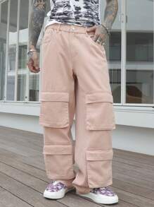 Manfinity LEGND Men's Casual Street Style Solid Color Flap Pocket Loose Fit Cargo Jeans Plain Light Pink Cargo Jeans, For Husband, Boyfriend Gifts