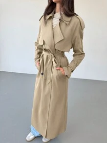 Aloruh 秋冬新款保暖防风咖色百搭加长收腰双排扣装饰英伦风大翻领风衣 - 卡其色 - 查看 6