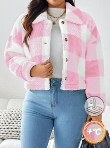 SHEIN LUNE Winter Plus Size Groen Geruit Fleece Jack Winter Dameskleding Valentijnsdag Vakantie Outfit