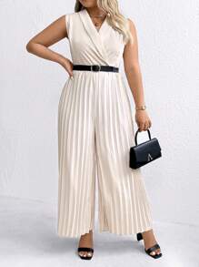SHEIN Clasi Jumpsuit Kasual Tanpa Lengan Warna Polos Ukuran Besar - Aprikot - View 6