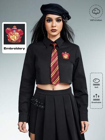 Harry Potter | ROMWE Camisa corta de manga larga con estampado de letras casual para mujer