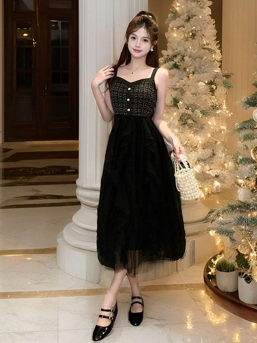 DAZY Đầm Maxi Lưới Thanh Lịch Cho Nữ, Mùa Thu, Sinh Nhật, Đầm Dạ Hội Đêm Giao Thừa - màu đen - Xem 1