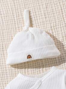 SHEIN Baby Girls' Round Neck Letter Print Button Decor Top And Pants Set - White - View 3