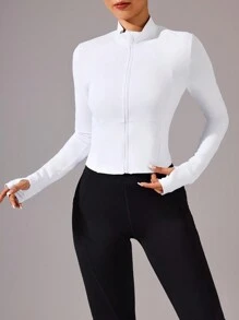 Easithlete Women's Solid Color Zip Front Long Sleeve Fitted Athletic Jacket - White - View 6