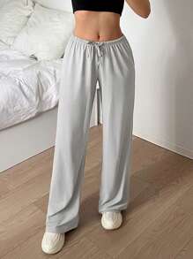 SHEIN EZwear 纯色前系带休闲柔软舒适长裤，日常休闲装