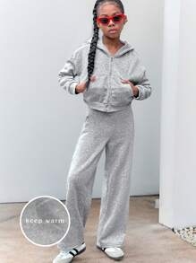 SHEIN Conjunto de moletom cinza esportivo casual sólido para meninas pré-adolescentes