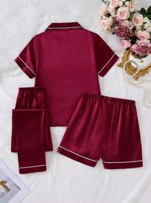 Conjunto de 3 piezas de pijama para niña preadolescente - Pantalón largo de tela de color rosa claro sólido, shorts y blusa de manga corta con cuello, conjunto casual para el hogar