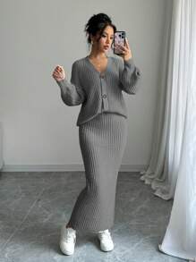 Elenzga 2 件套女士休闲落肩宽松 V 领开衫和针织裙套装