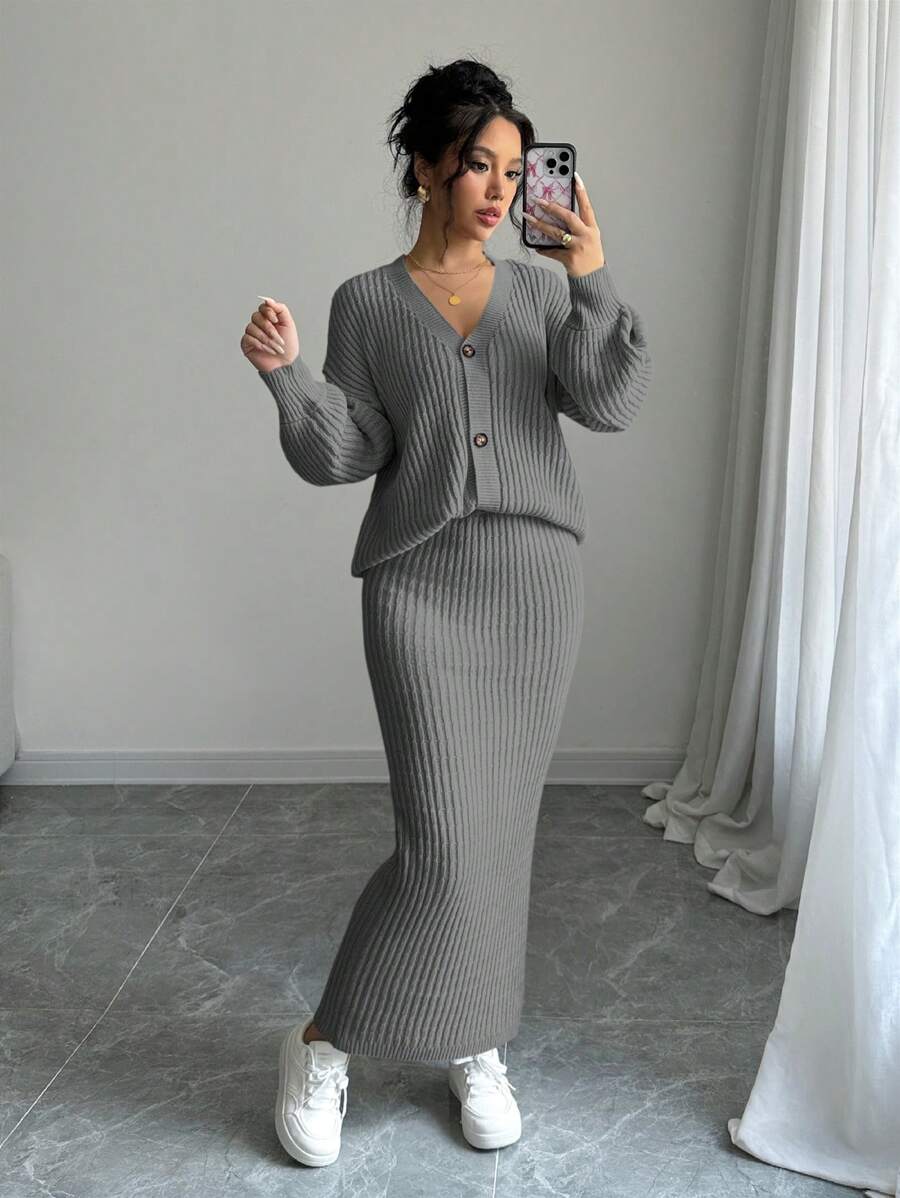 Elenzga 2 件套女士休闲落肩宽松 V 领开衫和针织裙套装