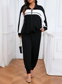 SHEIN 2 件套大码女式休闲运动拼色落肩宽松拉链夹克和慢跑运动裤套装，春/秋 - 黑與白 - 查看 5