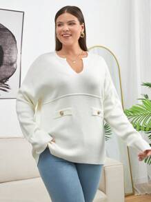 RueChic Plus Size Women Solid Color Drop Shoulder Button Detailed Pullover Sweater