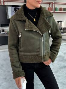 EURMUSE Motorcycle Jacket With Teddy Lining, Zipper, PU Leather - Black - View 5